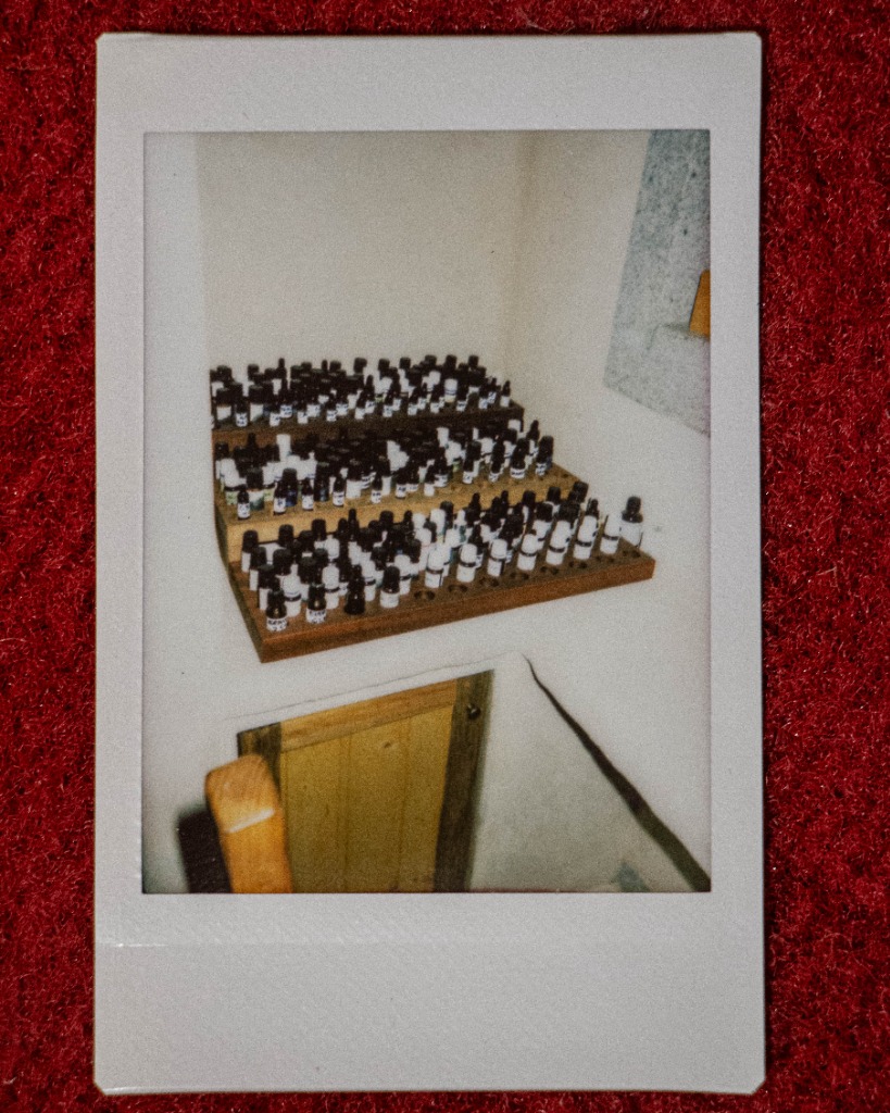 Polaroid of essential oil bottles